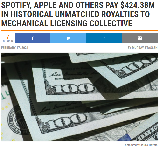 SPOTIFY, APPLE AND OTHERS PAY $424.38M IN HISTORICAL UNMATCHED ROYALTIES TO MECHANICAL LICENSING COLLECTIVE