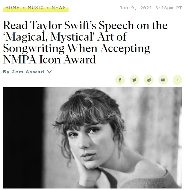 Read Taylor Swift’s Speech on the ‘Magical, Mystical’ Art of Songwriting When Accepting NMPA Icon Award | Variety