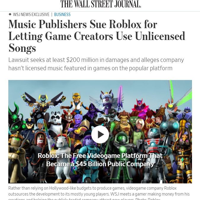 Music Publishers Sue Roblox for Letting Game Creators Use Unlicensed Songs | The Wall Street Journal